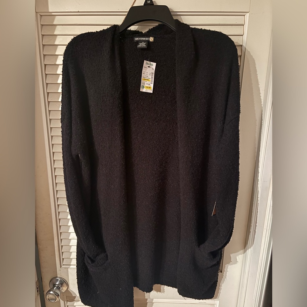 Sweaterworks Ladies long Black Boucle Cardigan. Open front New with tags. Sz M